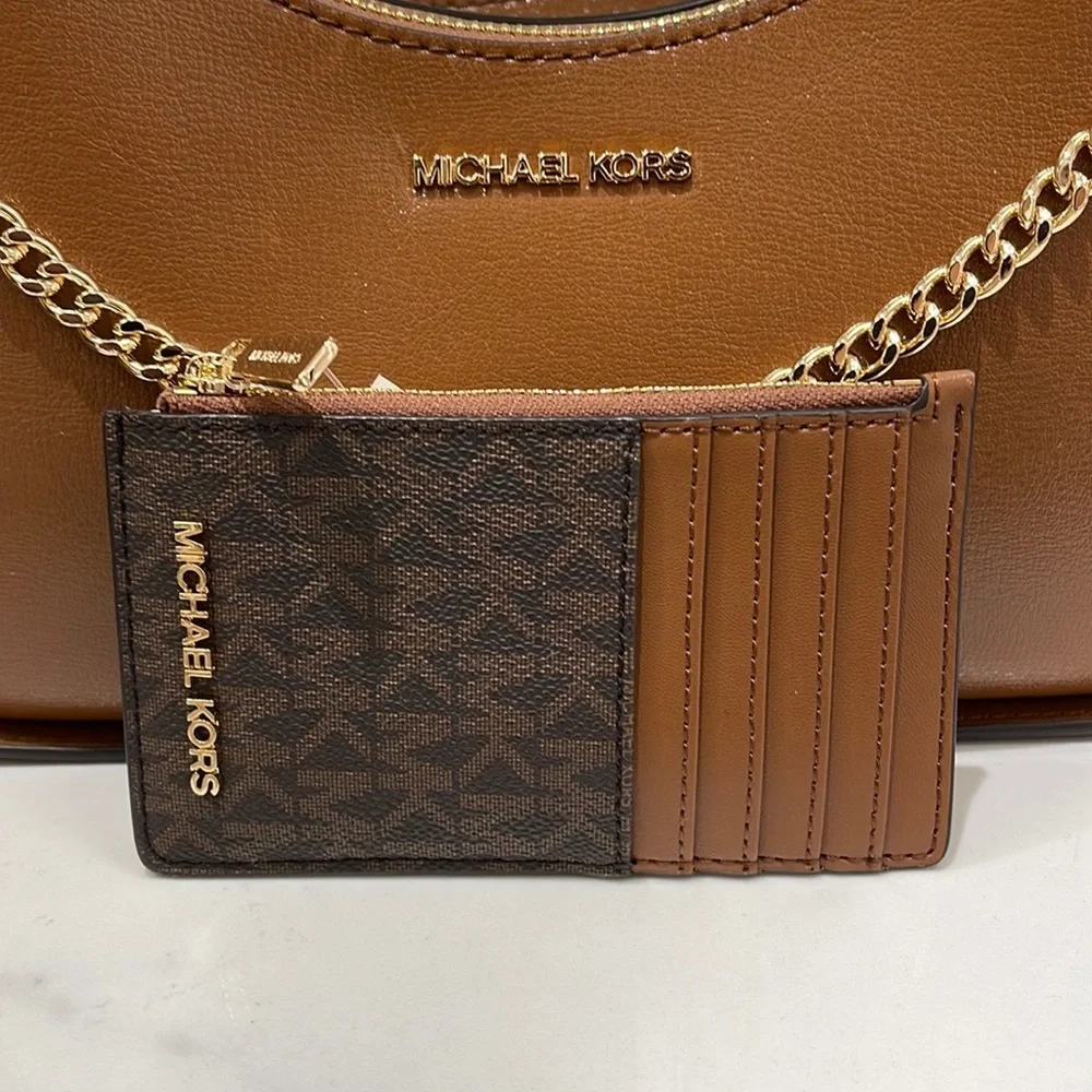 Michael Kors Jet Set Travel Medium Top Zip Card Case Wallet PVC Leathr Brown NWT